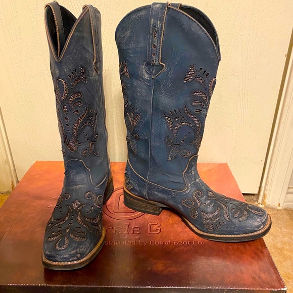 Roper Navy and silver inlay boots size 6 - Picture 1 of 9
